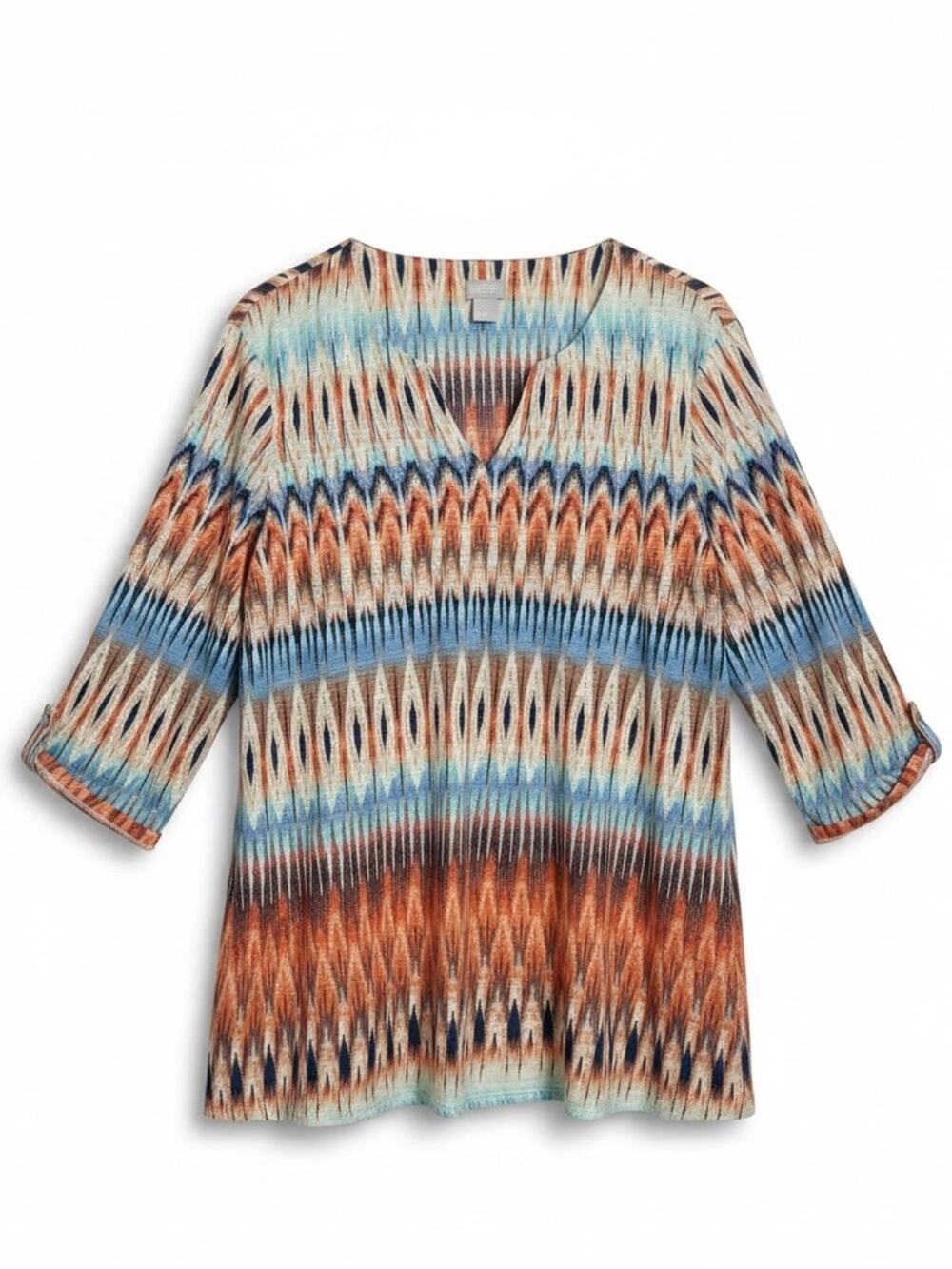 Chico's Multicolor Abstract Print Knit Tunic Top 100% Linen Boho Size Large